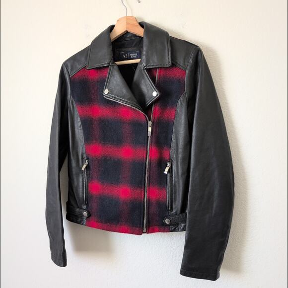 Armani Jeans Leather Wool Jacket Womens 42 US Sz 6 Red Black Check Tartan Plaid - Picture 7 of 8